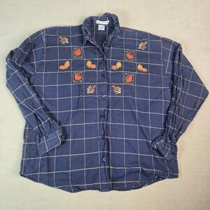 Maggie & Max Button Up Shirt Womens Navy Plaid Pumpkin Leaf Fall Embroidered Top
